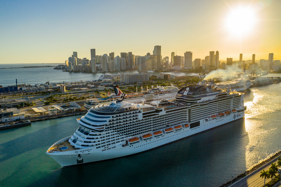 MSC Meraviglia cruise ship departing the Miami cruise port.