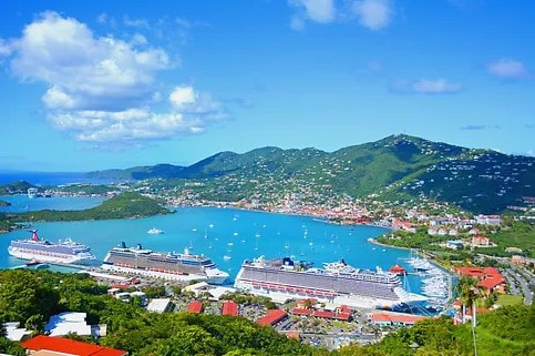 Ships docked at Charlotte Amalie cruise port in St Thomas during a Caribbean cruise.